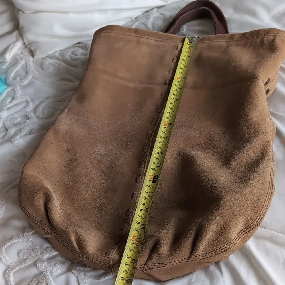 Lucky Brand Bag Vintage Tan Suede Large Tote- Fold Over Shoulder Sack Hobo Tote